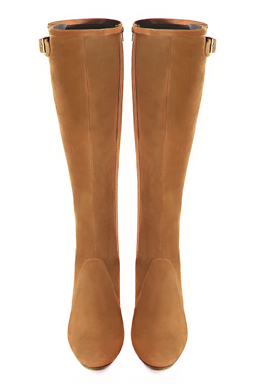 Camel beige women's knee-high boots with buckles. Round toe. Medium block heels. Made to measure. Top view - Florence KOOIJMAN